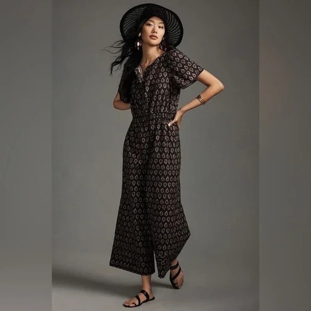 Anthropologie Black Patterned Short-Sleeve Jumpsuit